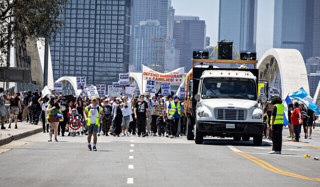 Anti-ICE Protesters Block 6th Street Bridge in Downtown Los Angeles
